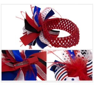 Close-up of patriotic American flag bow set with feathers and crochet headband base