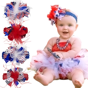 Independence Day Children Headband Hair Clip Set Feather Bow Stars Stripes Pattern Hair Accessories For US National Day Holiday Parade