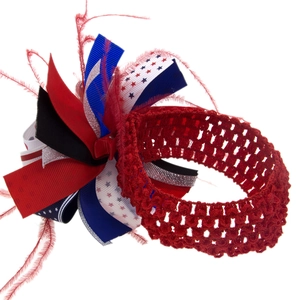 Patriotic red crochet headband with star striped ribbon bow and feathers for girls