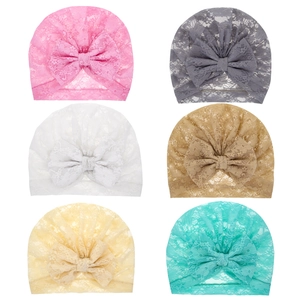 Set of 6 breathable lace baby turbans with decorative bows in multiple pastel colors