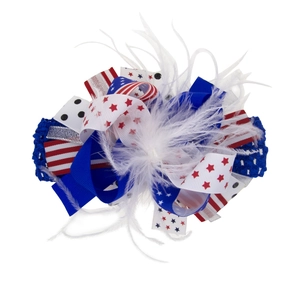 Patriotic red white and blue feather bow headband for girls with stars and stripes