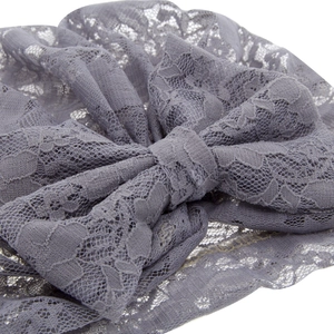 Newborn baby lace turban hat with large bow detail in soft grey floral mesh