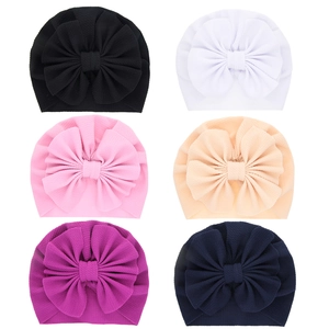 Soft knitted baby turban hats set with large bow detail in six assorted colors