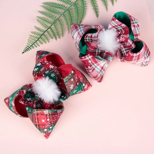 Weihnachten Mädchen Große Karomuster Schleife Haarklammern Schneeflocke Haarschmuck Mit Weißem Haarball Für Kinder Party