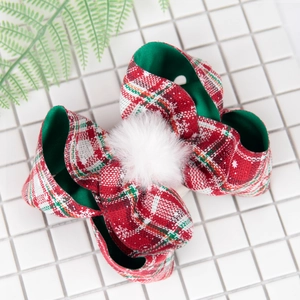 Weihnachts-Haarspange mit rot-weißem Karomuster, Schneeflocken und weißem Pompon für Mädchen