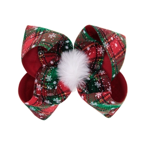 Weihnachts-Haarspange für Mädchen mit rot-grüner Karo-Schleife und weißen Schneeflocken