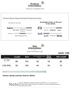 Detailed size chart for maternity delivery robe with measurements for length and bust