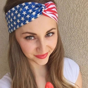 Detail shot of American flag star and stripes knotted headband on a fashion model