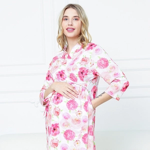 Floral maternity wrap robe with pink rose prints for delivery and nursing use