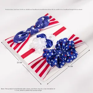 Detail of three Independence Day baby headbands featuring red white and blue star patterns