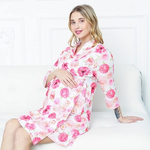Floral maternity robe with pink rose prints, V-neck design, and adjustable waist tie belt