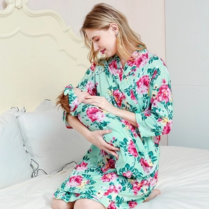 Floral maternity robe with matching baby swaddle and bow headband in mint green