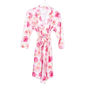 Detailed view of floral maternity robe with pink watercolor flowers and waist tie
