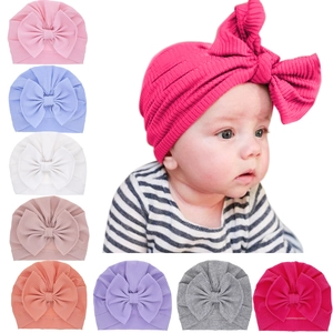 Soft Polyester Ribbed Knit Baby Turban Hat With Big Bowknot Sweet Striped Infant Beanie For Toddler Photography Accessory