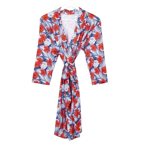 Floral maternity robe with red hibiscus and white palm leaves on navy blue background