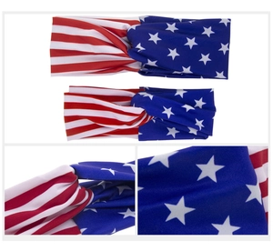 Detail view of American flag pattern headbands with stars, stripes and knot structure