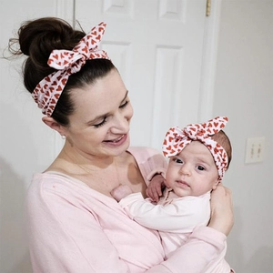 Matching mother and baby headband set with red heart print and cute rabbit ear knots