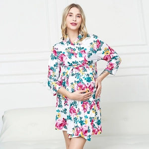 Detailed view of floral maternity robe with V-neck design and colorful flower prints