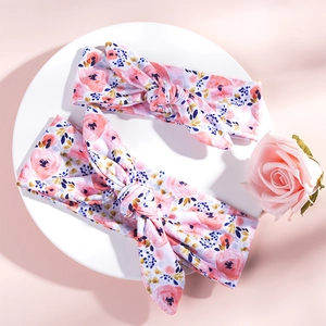 Floral print mother and daughter rabbit ear headbands with pink rose patterns