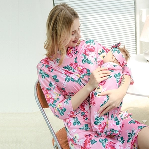 Floral maternity robe with matching baby swaddle and headband for hospital gift set