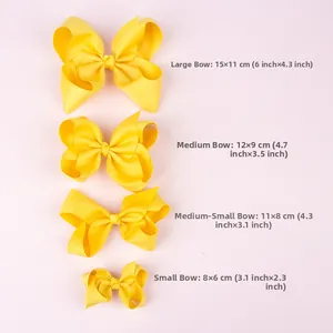 Size chart for 4-piece yellow grosgrain ribbon hair bows ranging from 3.1 to 6 inches