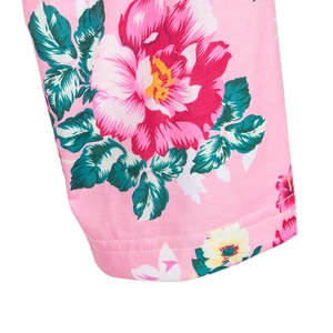 Close-up of maternity robe floral print fabric with high-quality double stitching detail
