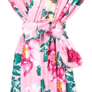 Detailed view of adjustable waist tie and floral print on maternity delivery robe