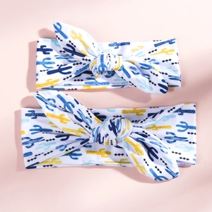 Detail of soft cotton cactus print headband set with cute rabbit ear knots for mother and baby