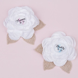 Mommy to Be and Daddy to Be floral pin set with white satin roses and gold leaf detail