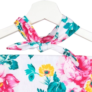 Close-up of floral print maternity robe with adjustable tie-neckline and cotton fabric