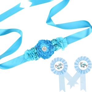 Blue chiffon flower belt with Mommy to Be and Daddy to Be pins for baby shower