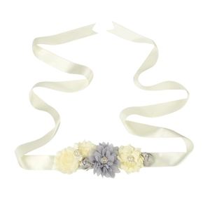 Ceinture de maternité élégante avec fleurs blanches et grises, strass et perles