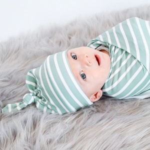 Ensemble Couverture d'Emmaillotage Nouveau-né Avec Bonnet Noué Enveloppe Polyester à Rayures Vertes Blanches pour Bébé Photos