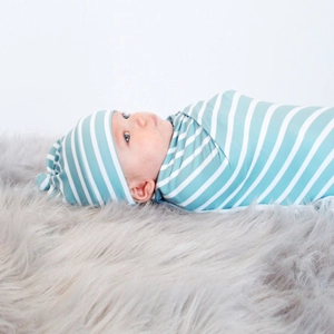 Blue and white striped newborn baby swaddle blanket with matching top knot hat