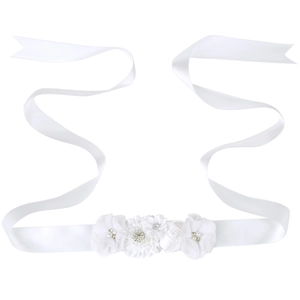Ceinture de maternité en satin blanc avec fleurs en tissu et strass brillants