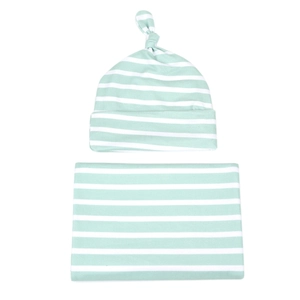 Ensemble couverture d'emmaillotage à rayures vert menthe et bonnet noué pour nouveau-né