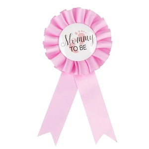 Pink Mommy TO BE rosette badge with satin ribbons and cute footprints for baby shower