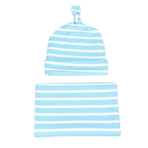 Blue and white striped baby swaddle blanket and matching top knot hat set
