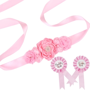Maternity Sash Set Handmade Chiffon Flower Satin Belt Mommy To Be Daddy To Be Badge Rhinestone Artificial Pearl Sash Set For Baby Shower Photography