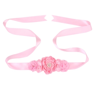 Pink chiffon floral maternity sash with handmade fabric flowers and pearl accents