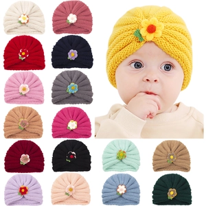 Cute Baby Knitted Turban Hat With Flower Solid Color Soft Warm Crochet Beanie For Newborn Infant Toddler Daily Wear