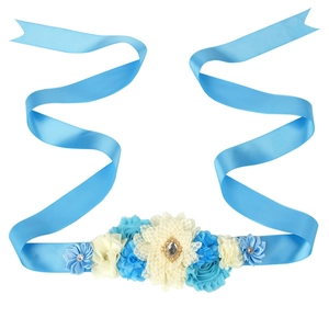 Ceinture de maternité bleu ciel avec fleurs en tissu multicolores et strass pour photo