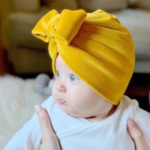 Chapeau Turban pour Bébé avec Grand Nœud en Velours Doux et Chaud Couleur Unie Bonnet Indien pour Photographie