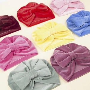 Bonnets turban en velours pour bébés avec grands nœuds en plusieurs couleurs pour l'hiver