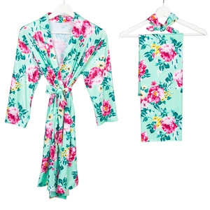 Floral maternity robe with matching baby swaddle and headband set for new mothers