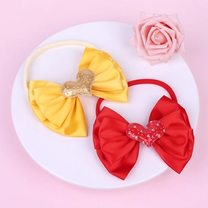 Baby Girls Bow Headband Soft Elastic Nylon Hair Band Satin Bow With Glitter Heart For Infants Toddlers Kids Birthday Gift