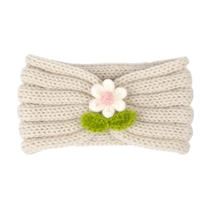 Bandeau bébé en tricot beige avec fleur crochetée à la main et feuilles vertes décor