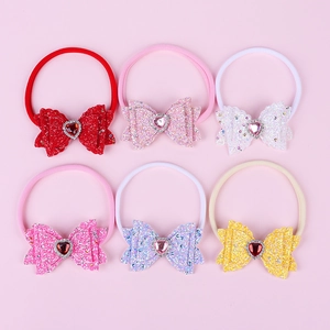 Set of 6 sequin heart bow baby headbands with sparkling rhinestones and nylon elastic bands