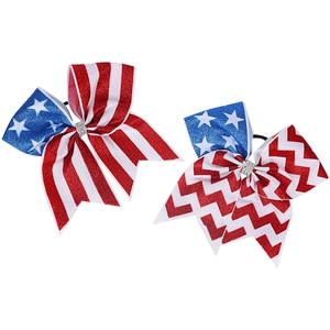 Close-up of Independence Day hair bows with stars and stripes sequins for girls