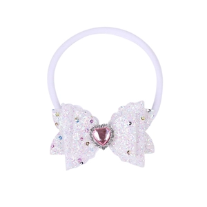 Elastic baby headband with large white glittery bow and pink sequin heart rhinestone